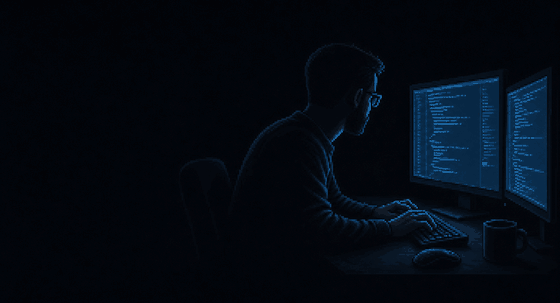 Pixel art scene of a person working at two monitors
